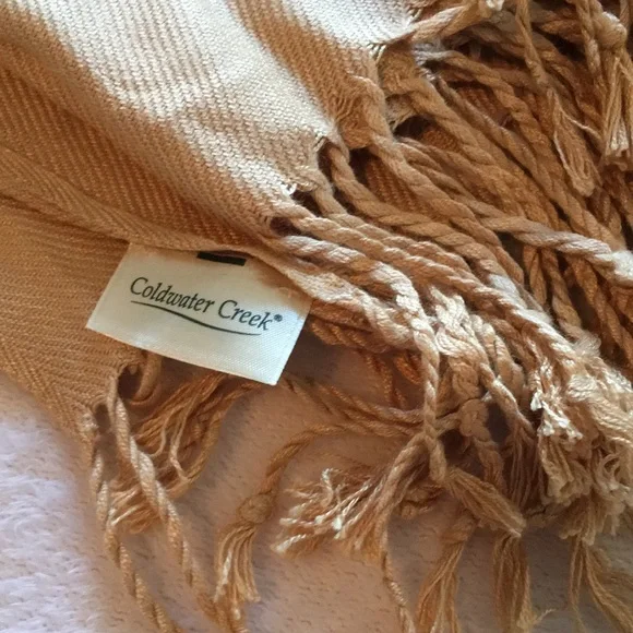 Coldwater Creek woman’s large tan scarf wrap w/embroidered scroll work & fringe - Picture 3 of 6